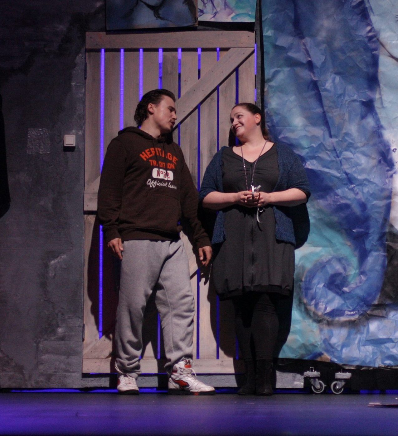 On stage as Mimì in Puccini's La Bohème, pictured when she first meets Rodolfo performed by Mikko Heimovaara. Helsinki, Finalnd - June 2014